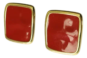 A Pair of Vintage Monet Red Enamel & Gold-Tone Clip-on Earrings – Mid-Century Modern Rectangular Statement Earrings