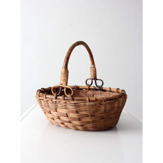Wood Vintage Woven Gathering Basket With Bamboo Handle For Sale - Image 7 of 13