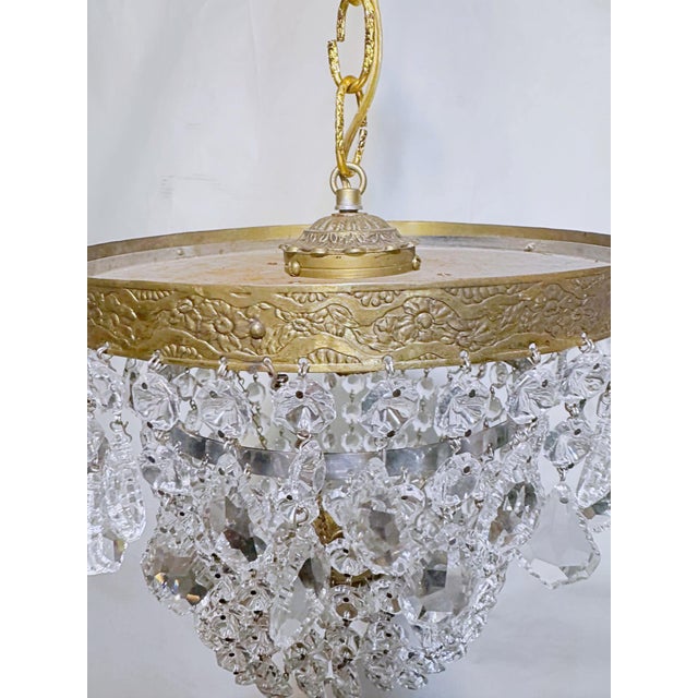 Vintage Hollywood Regency Brass Tiered Crystal Basket Chandelier For Sale - Image 10 of 11