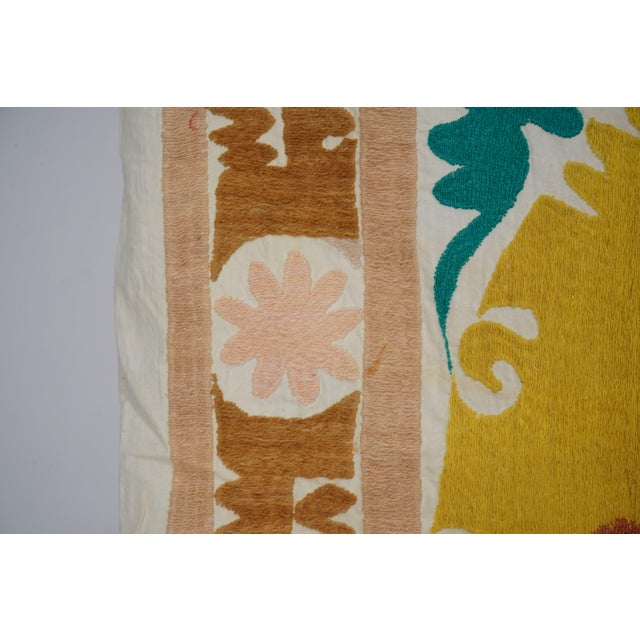 1960s Artisan Suzani Table Cover, Vintage Uzbek Textile in Warm Tones 4'1'' X 4'5'' For Sale - Image 5 of 10