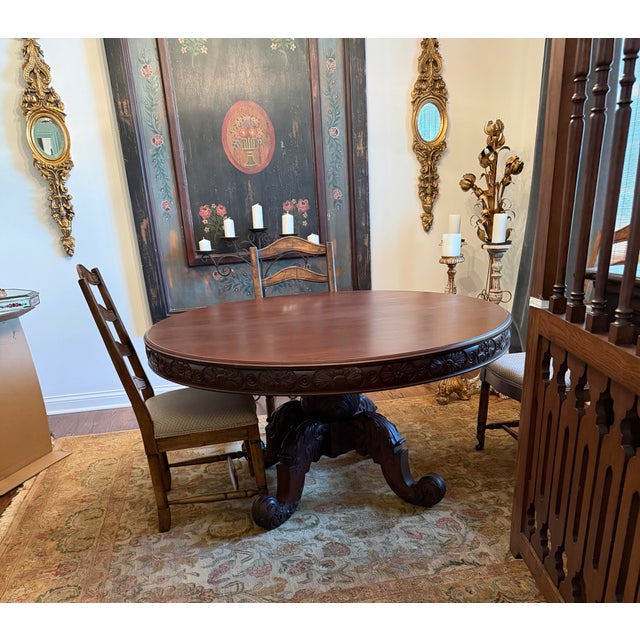 An exceptional Tobey Furniture Company of Chicago round pedestal dining table, bearing the original “TOBEY / Established...