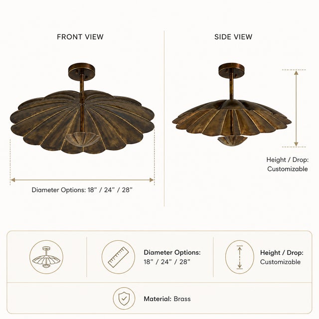 Vintage Brass Floral Ceiling Light, Handmade Lotus Petal Semi Flush Mount Fixture, Antique Brass Scalloped Ceiling Lamp for Bedroom Hallway For Sale - Image 11 of 15