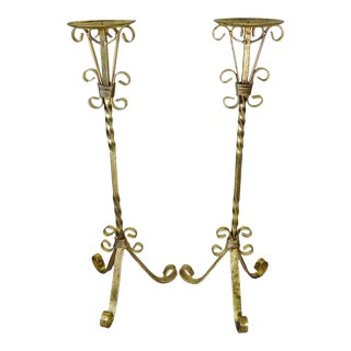 Pair Tall Vintage Ornate Gold Painted Wrought Iron Candle Holders For Sale