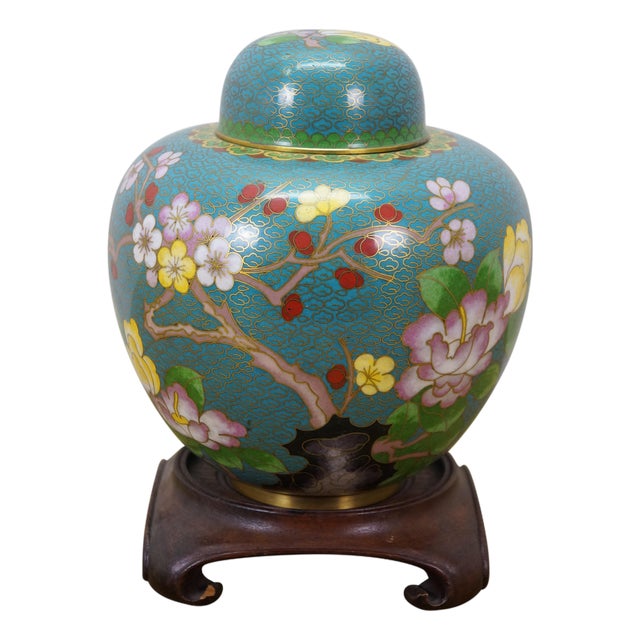 Antique Chinese Brass Cloisonne Enamel Cherry Blossom Ginger Jar Vase Urn 7" For Sale