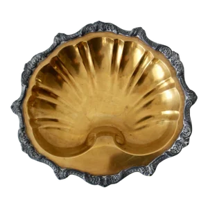 Vintage Mid Century Brass Pewter Shell Serving Bowl Cachepot Footed