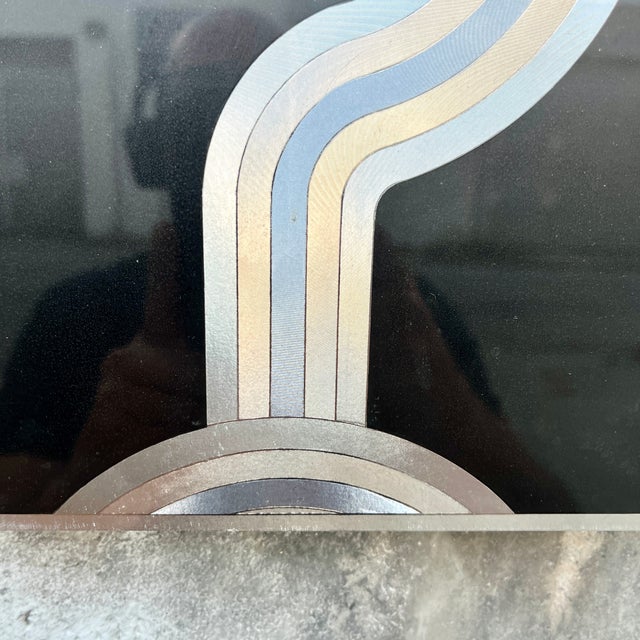 Metal Vintage 1970s Op-Art Geometric Black and Silver Foil Framed Print. For Sale - Image 7 of 17