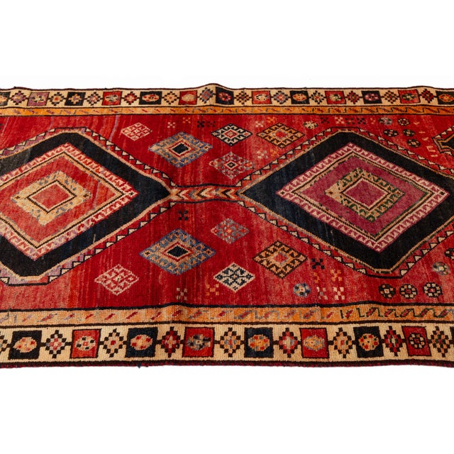 Textile Mid-Century Vintage Tribal Kurdish Wool Rug With Geometric Diamond Medallions For Sale - Image 7 of 8
