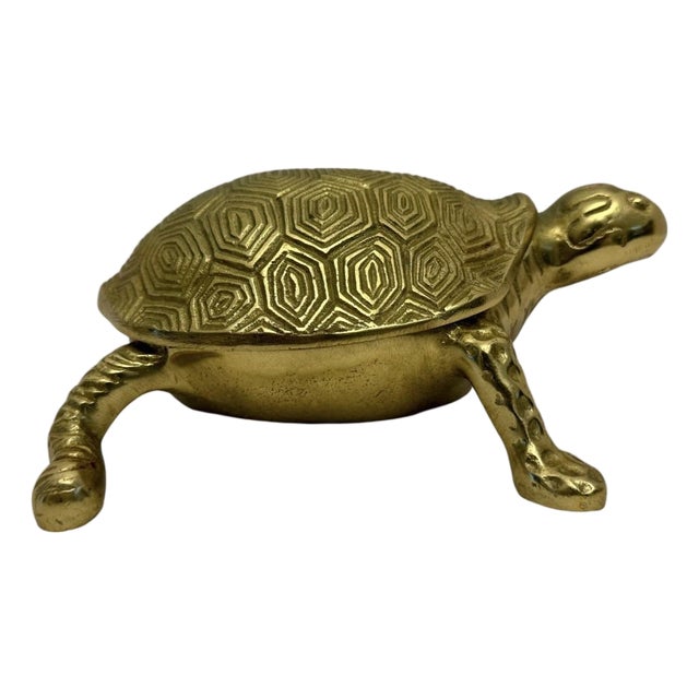 Vintage Gold Tone Metal 8” Turtle Decorative Trinket Box W/Hinged Lid a-17. For Sale