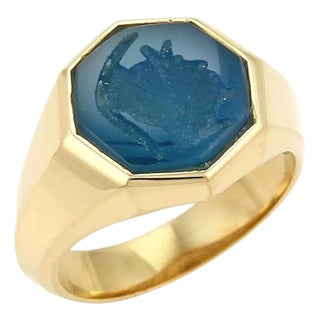 David Yurman Blue Agate Intaglio Octagon 18k Yellow Gold Ring Size 10.5 For Sale