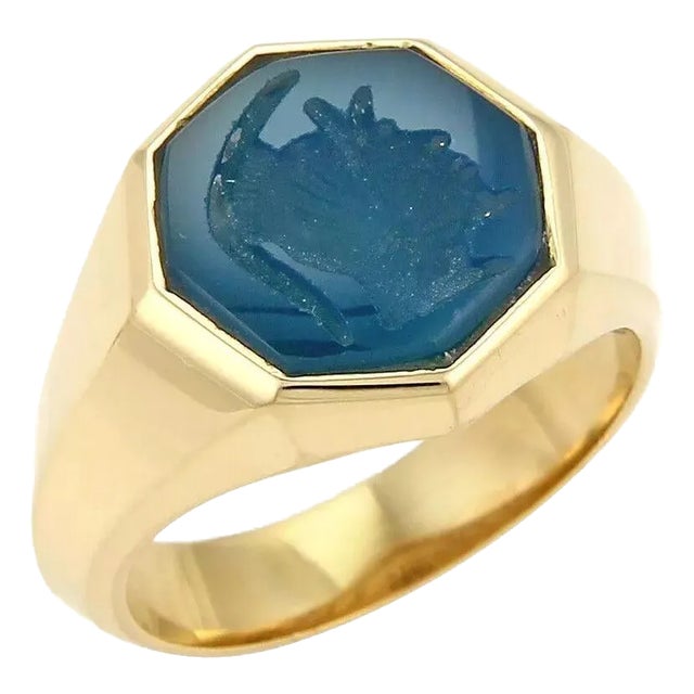David Yurman Blue Agate Intaglio Octagon 18k Yellow Gold Ring Size 10.5 For Sale