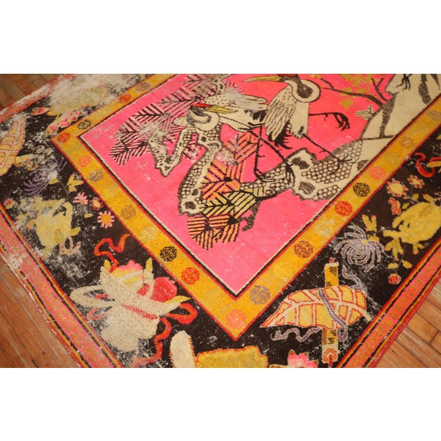 Zabihi Collection Bright Pink Antique Worn Flamingo Pictorial Khotan Rug - 5'10" x 10' For Sale In New York - Image 6 of 12