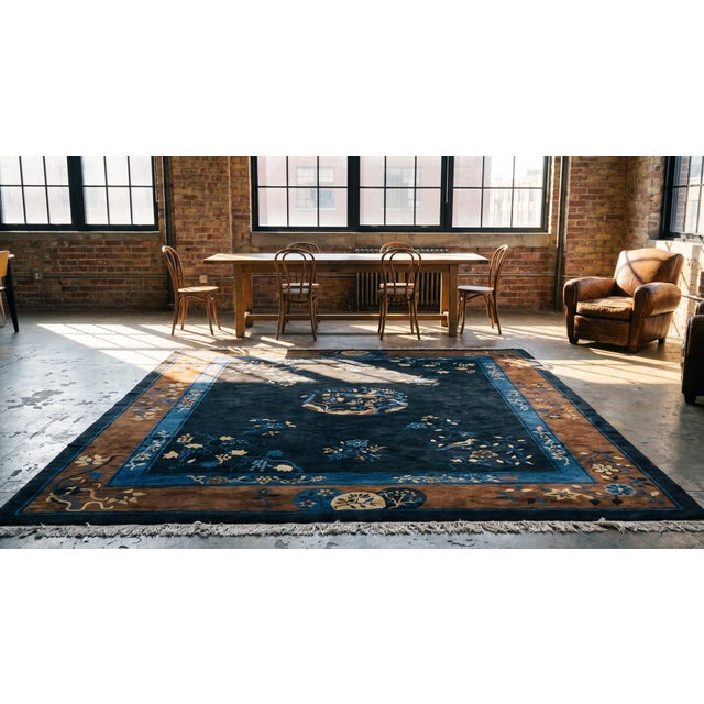 Navy Blue 1930s Blue Navy Floral Medallion Antique Chinese Peking Rug 8' 2" X 9' 8" Handknotted Wool Carpet For Sale - Image 8 of 9