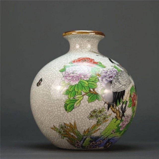 Vintage Chinese Crackle Glaze Famille Rose "Crane & Peony" Vase - 16.5cm For Sale - Image 4 of 6