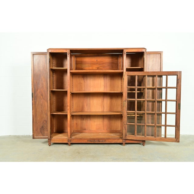Louis Majorelle Style Antique French Art Nouveau Carved Burled Walnut Bibliotheque Bookcase Cabinet, Circa 1900 For Sale In South Bend - Image 6 of 15