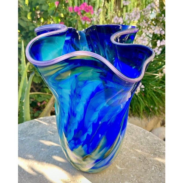 Large Blue Swirl Ruffled Handkerchief Art Glass Vase | Studio Glass Fazzoletto 15"h Artist Signed For Sale - Image 9 of 18
