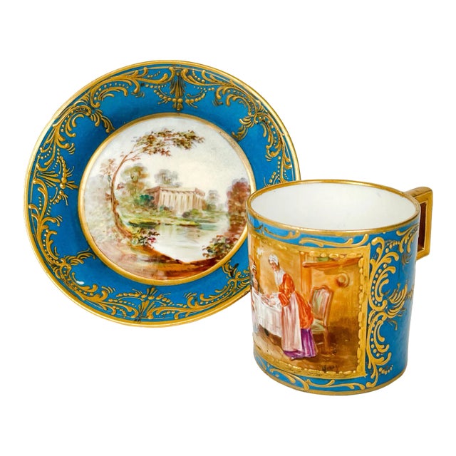 19th Century French Blue Ground Porcelain Cup & Saucer For Sale