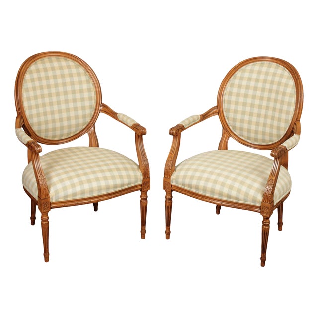 Ethan Allen French Louis XVI Style Pair of Fauteuil Armchairs For Sale