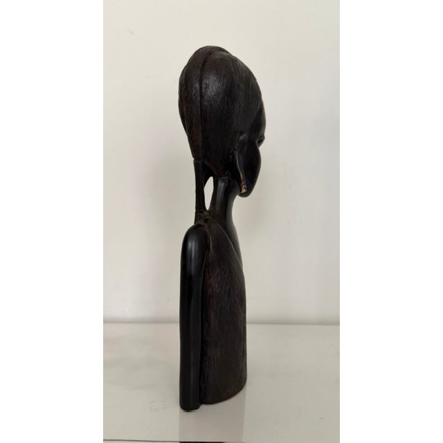 Vintage African Hand Carved Heavy Ebony Wood Female Bust Sculpture For Sale In New York - Image 6 of 8