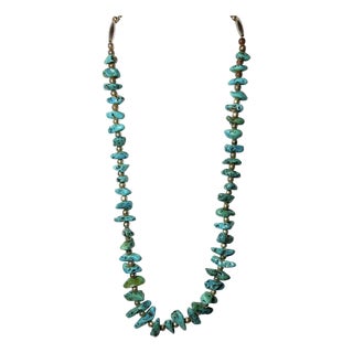Southwestern Turquoise Nugget and Silver-Tone Bead Necklace – 25″ For Sale