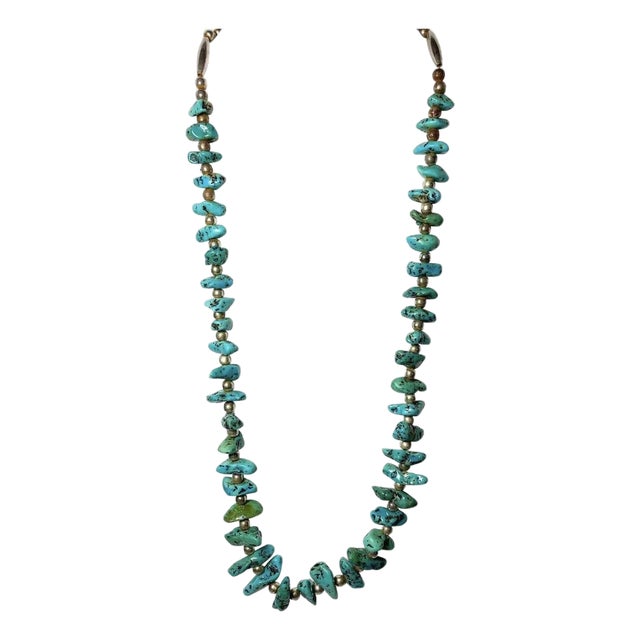 Southwestern Turquoise Nugget and Silver-Tone Bead Necklace – 25″ For Sale