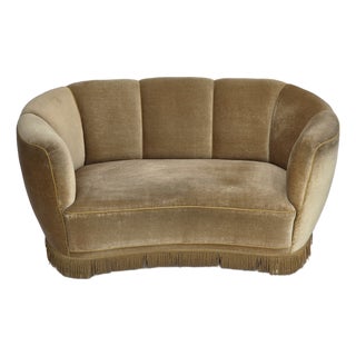 Danish Banana 2-Seater Sofa in Green Velour and Oak, 1960s For Sale