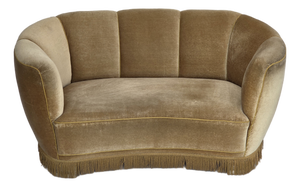 Danish Banana 2-Seater Sofa in Green Velour and Oak, 1960s