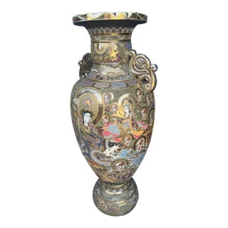 Large 44 Inch High Quality Japanese Satsuma Earthenware Decorative Floor Vase For Sale