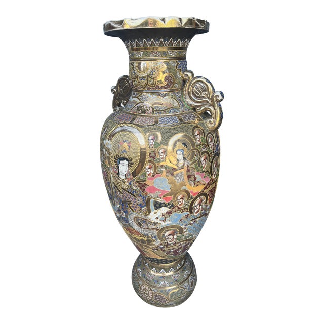 Large 44 Inch High Quality Japanese Satsuma Earthenware Decorative Floor Vase For Sale