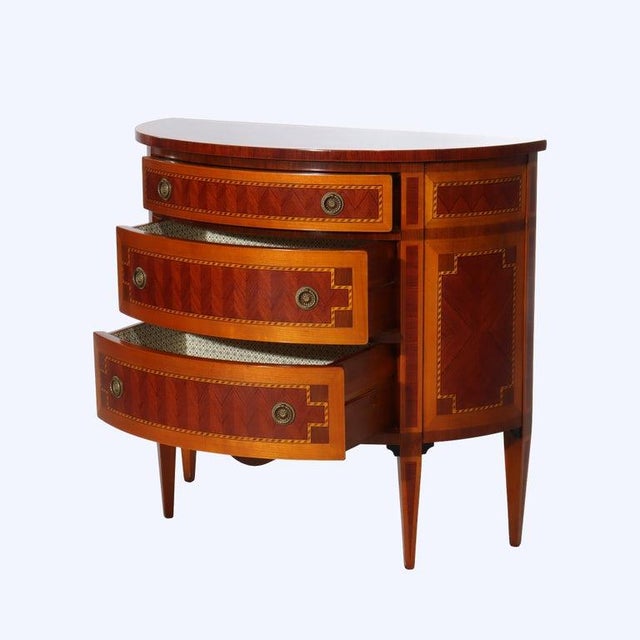 Early 20th Century Pair Italian Hepplewhite Style Satinwood & Rosewood Inlaid Demilune Consoles For Sale - Image 13 of 15