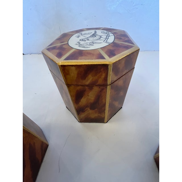 Brown Artist Hand Painted Faux Tortoise & Pen & Ink Decorative Boxes - Set of 3 For Sale - Image 8 of 18