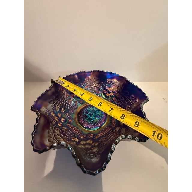 Blue Fenton Cobalt Blue Marigold Carnival Glass Cherry Chain Scalloped Bowl For Sale - Image 8 of 11