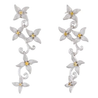 Galatea 0.20ctw Yellow Sapphire Dangle Flower Earrings 14k White Gold Drop - 2 Pieces For Sale