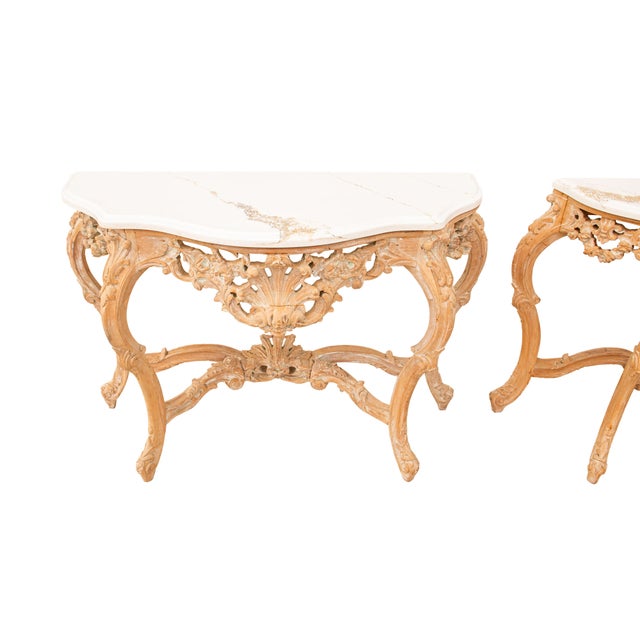 Bleached and Washed Baroque Style Console Tables With Carrara Quartz Tops, Pair For Sale - Image 6 of 13