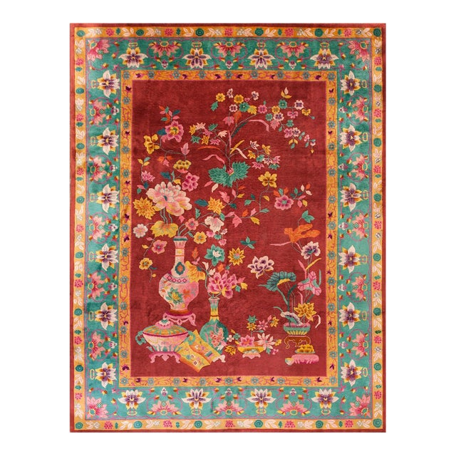 1920s Red Floral Classic Antique Chinese Art Deco Rug 8'8"x11'4" Handknotted Wool Carpet For Sale