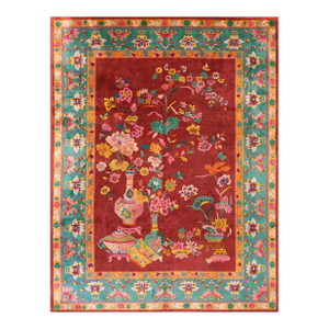 1920s Red Floral Classic Antique Chinese Art Deco Rug 8'8"x11'4" Handknotted Wool Carpet