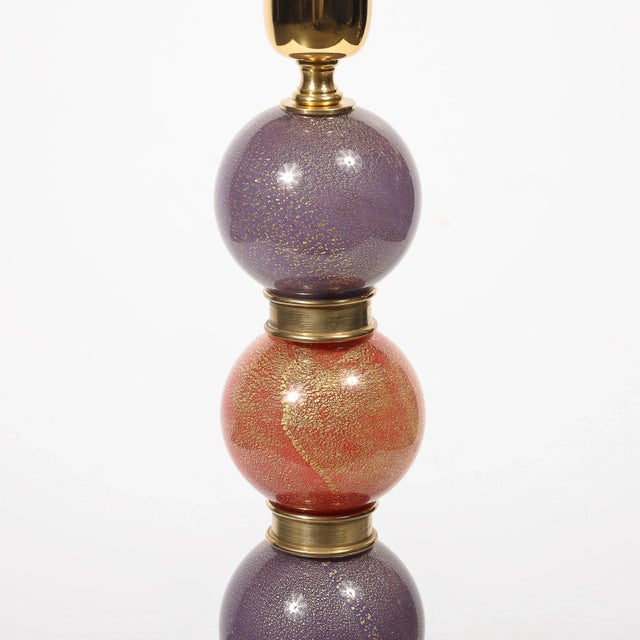 1960s Mid-Century Hand-Blown Coral Red & Lilac Murano Glass Stacked Ball Table Lamps For Sale - Image 5 of 12