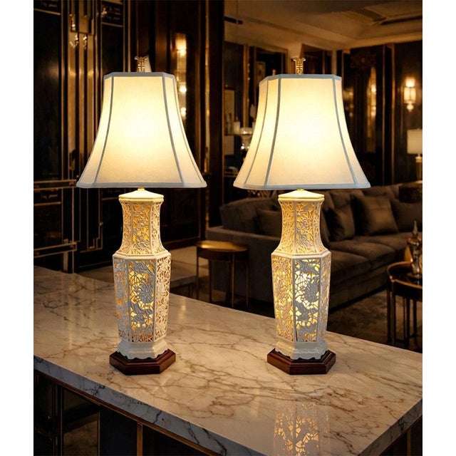 Christopher Spitzmiller, Inc Lamps - Huge Reticulated Blanc De Chine Pair - Restored For Sale - Image 4 of 16