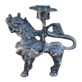 Vintage Bronze Chinese Foodog Candlestick Holder For Sale