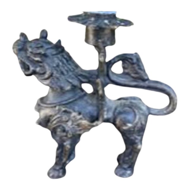 Vintage Bronze Chinese Foodog Candlestick Holder For Sale