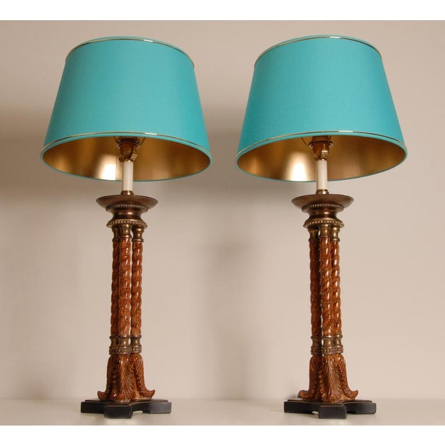 Textile Vintage Italian Neoclassical Column Lamps in Turned Burl Wood, 1980s, Set of 2 For Sale - Image 7 of 9