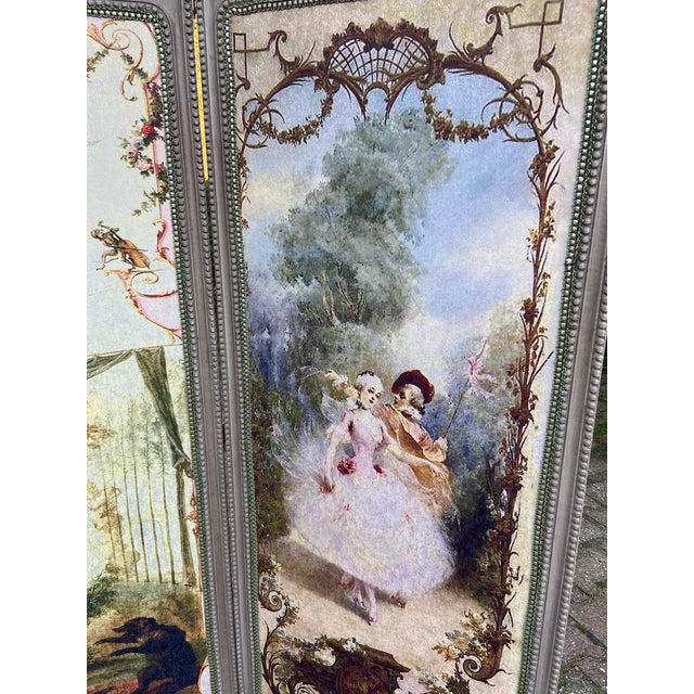 French 1960s Louis XVI Gray Beech Room Divider Screen, Upholstered, 3 Panel For Sale - Image 3 of 18