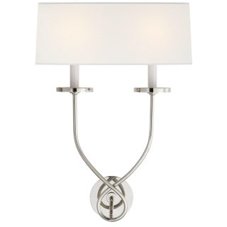 Chapman & Myers for Visual Comfort Signature Symmetric Twist Double Sconce in Polished Nickel with Linen Shade For Sale