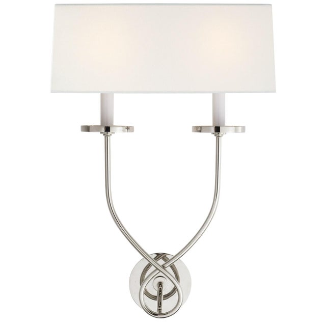 Chapman & Myers for Visual Comfort Signature Symmetric Twist Double Sconce in Polished Nickel with Linen Shade For Sale