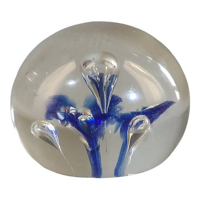 Vintage Controlled Bubble Paperweight Blue and Clear Art Glass Marked W.P.A For Sale