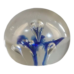 Vintage Controlled Bubble Paperweight Blue and Clear Art Glass Marked W.P.A