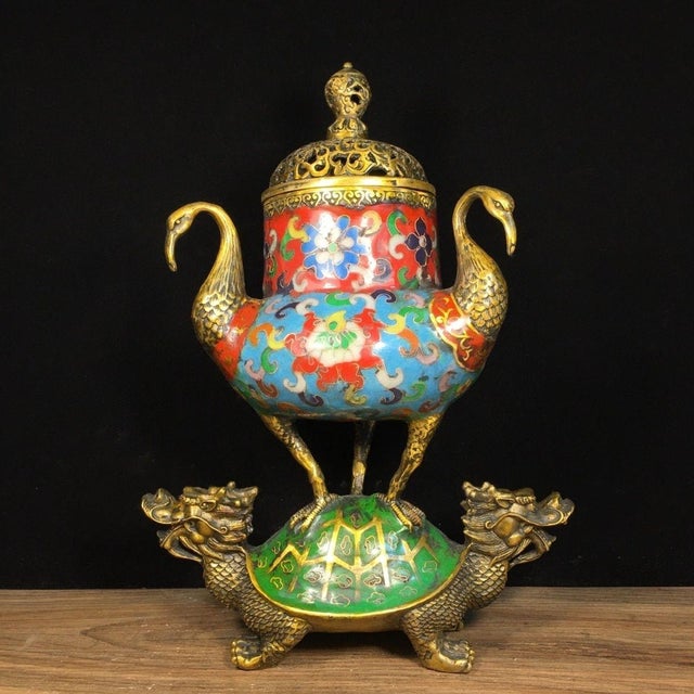 Metal Cloisonné Enamel Turtle & Crane Incense Burner For Sale - Image 7 of 9