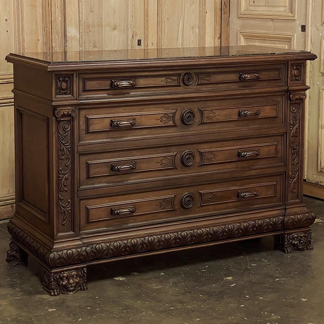 Early 20th Century Antique Italian Renaissance Revival Walnut Nero Portoro Marble Top Commode For Sale - Image 5 of 18
