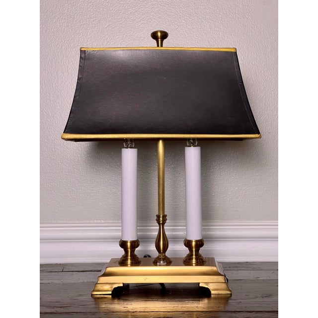 Late 20th Century Small Brass Twin Candle Bouillotte Style Lamp With Black Parchment Shade For Sale - Image 17 of 17