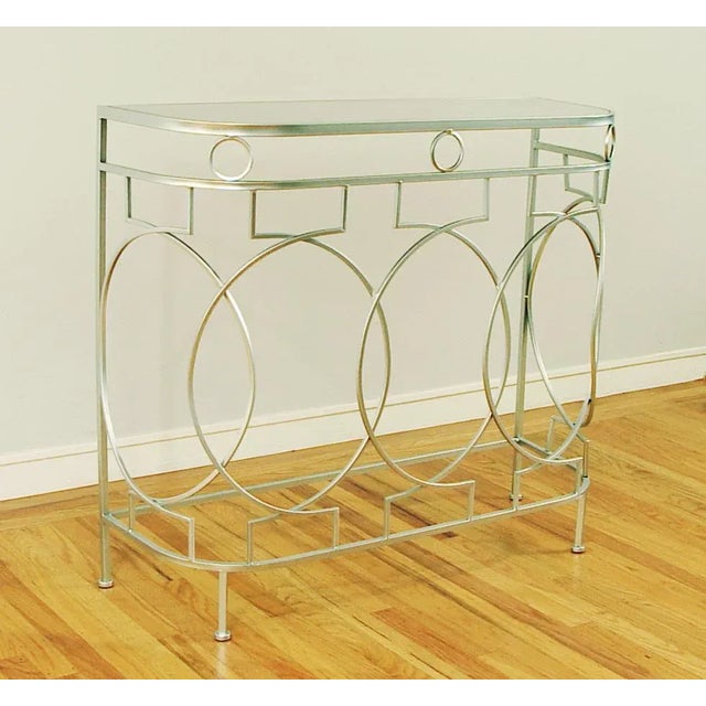 1980s Art Deco/Moderne Styled Mirror-Topped Metal Console Table, Nickel in Color For Sale - Image 5 of 5