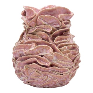 Mid-Century Vintage Italian Organic Coral / Ruffled Ceramic Studio Vase – Pink Glaze For Sale